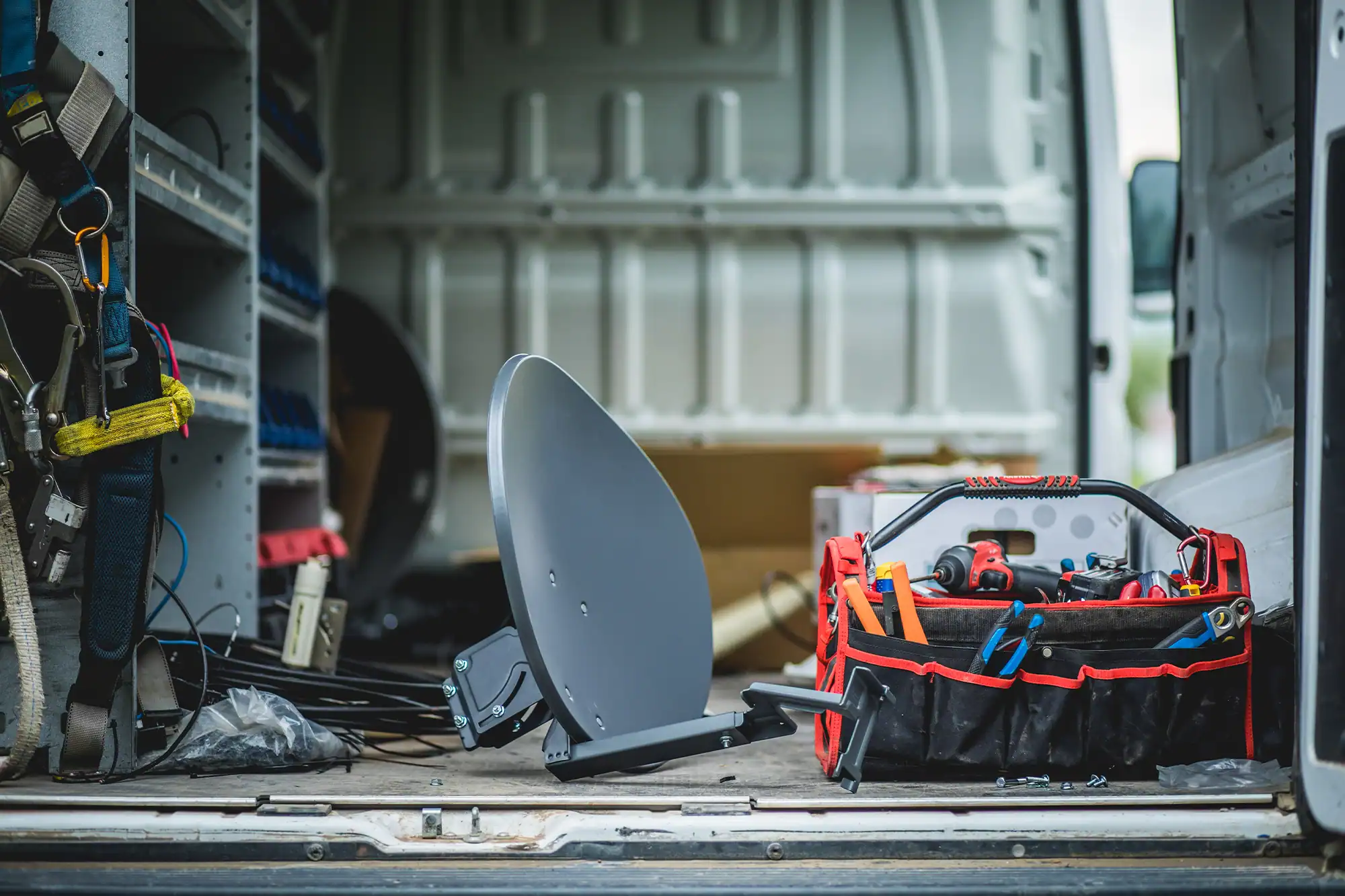 Fleet service van interior with diagnostic tools and equipment for commercial vehicle repair