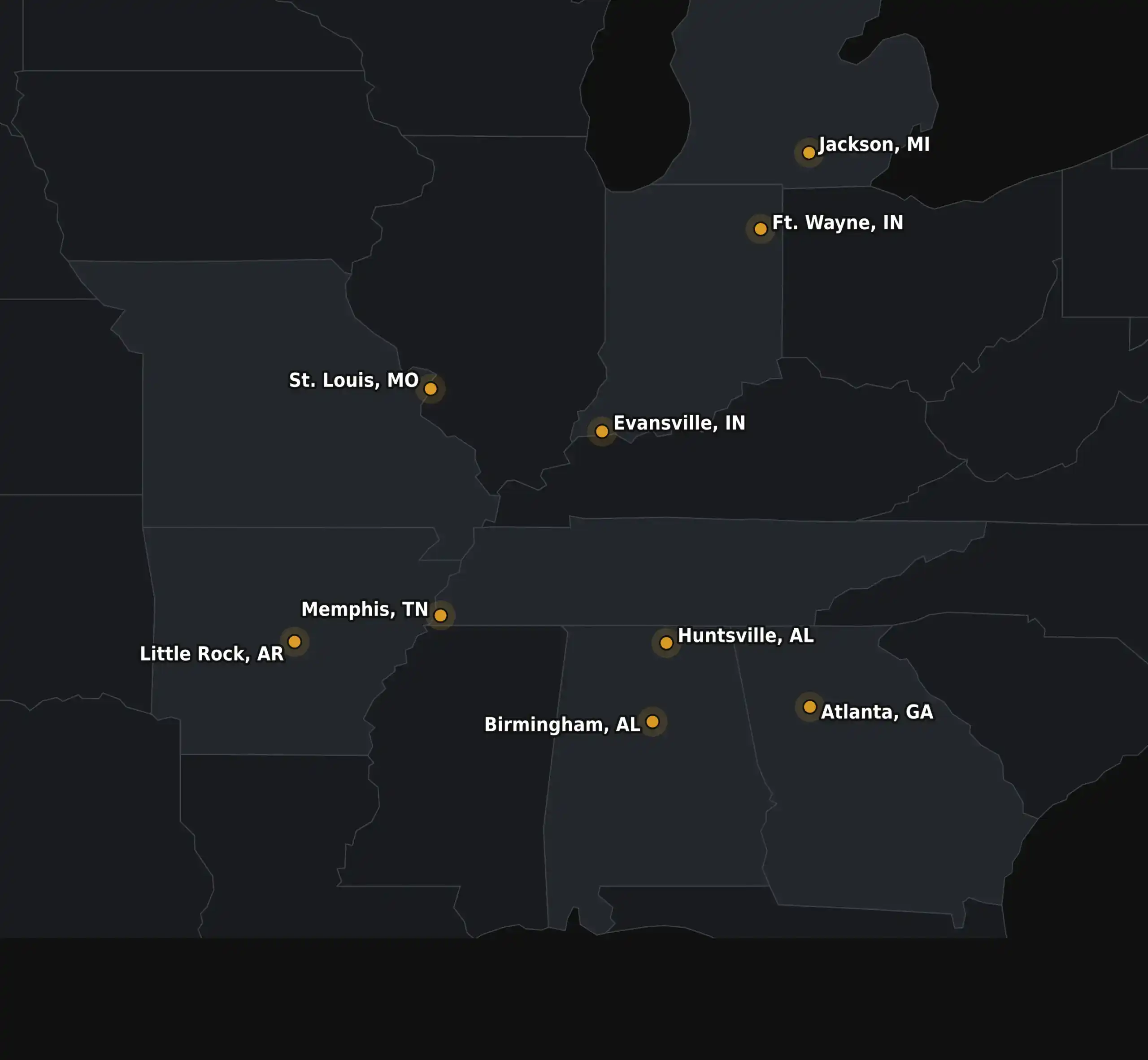 Vulcan Garage mobile fleet service area map covering Birmingham, Huntsville, Atlanta, Memphis, Little Rock, St. Louis, Evansville, Ft. Wayne and Jackson MI